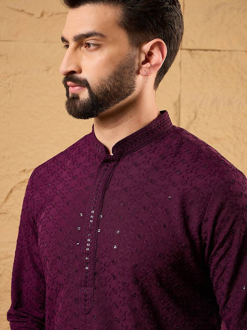 Men purple viscose rayon solid embroidered straight kurta