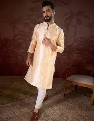 Men cream silk blend abstract printed straight kurta with trouser 3