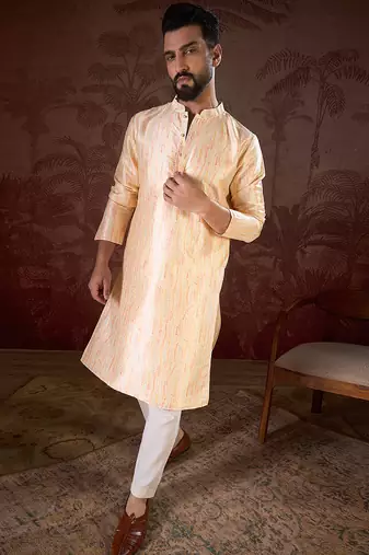 Men cream silk blend abstract printed straight kurta with trouser