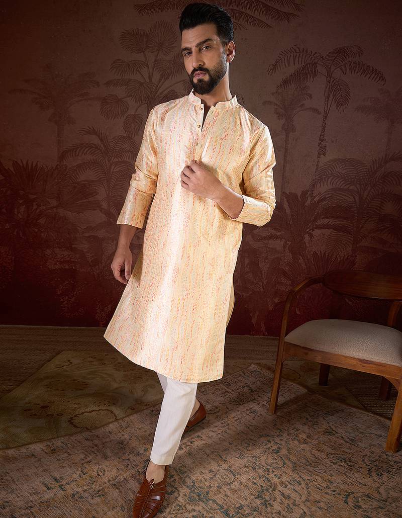 Men cream silk blend abstract printed straight kurta with trouser