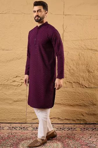 Men purple viscose rayon solid embroidered straight kurta