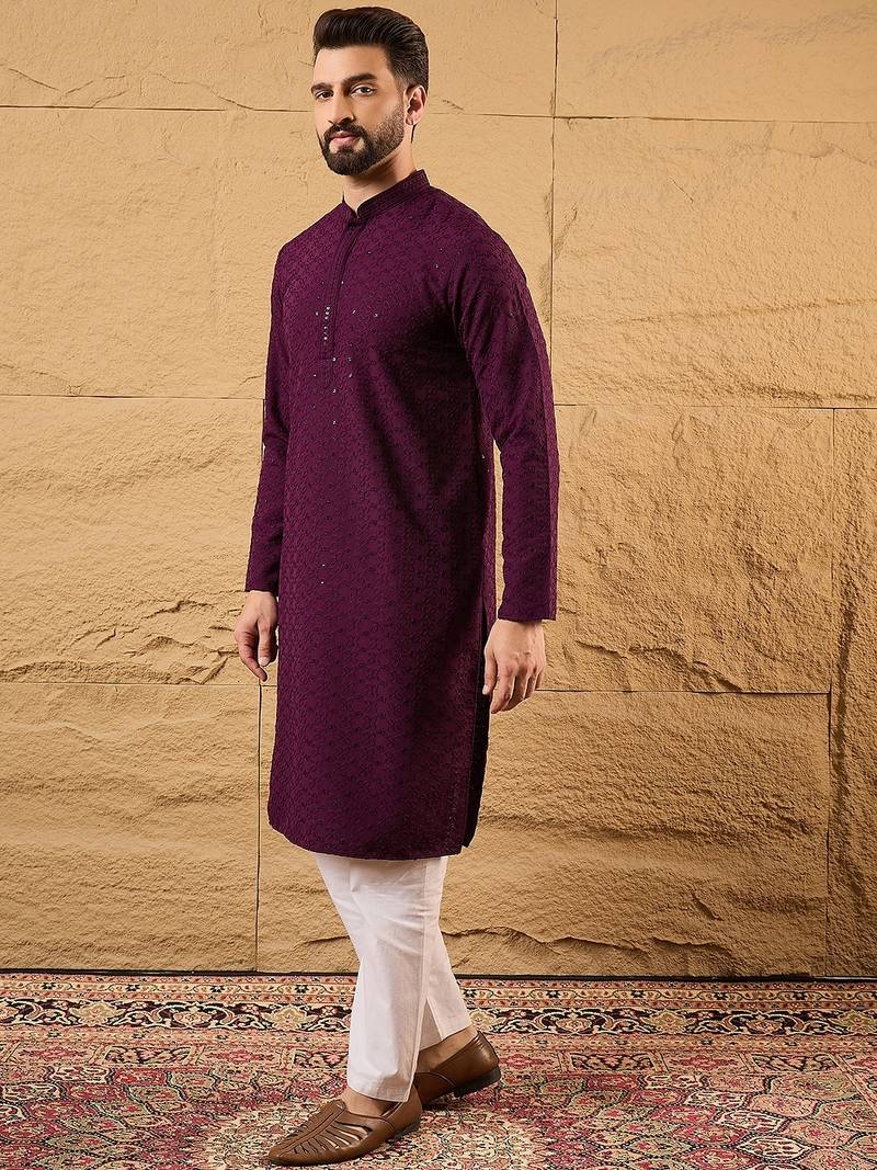 Men purple viscose rayon solid embroidered straight kurta