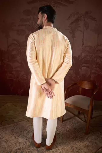 Men cream silk blend abstract printed straight kurta with trouser