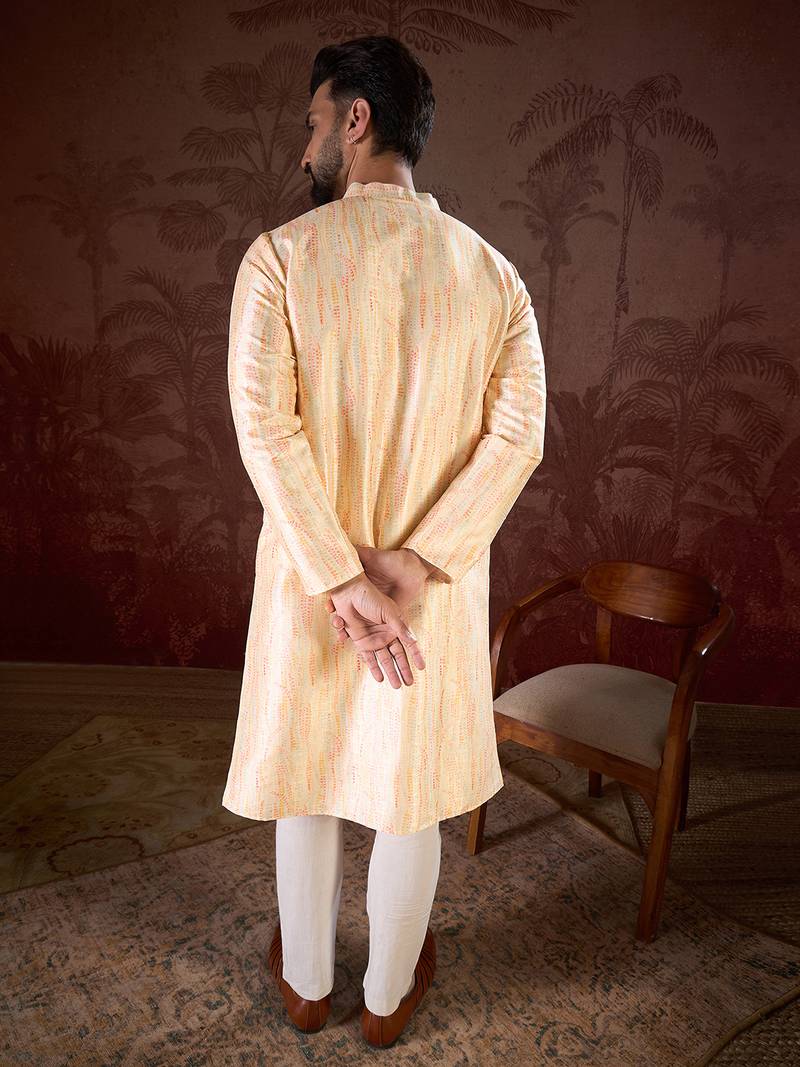 Men cream silk blend abstract printed straight kurta with trouser