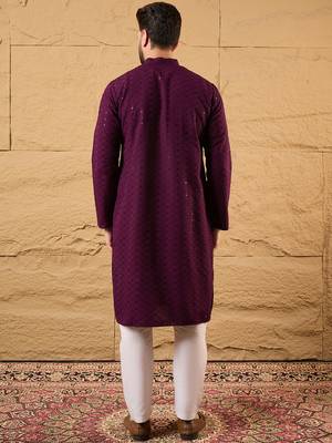 Men purple viscose rayon solid embroidered straight kurta 4