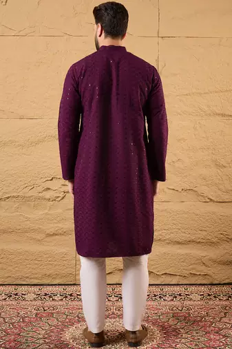 Men purple viscose rayon solid embroidered straight kurta