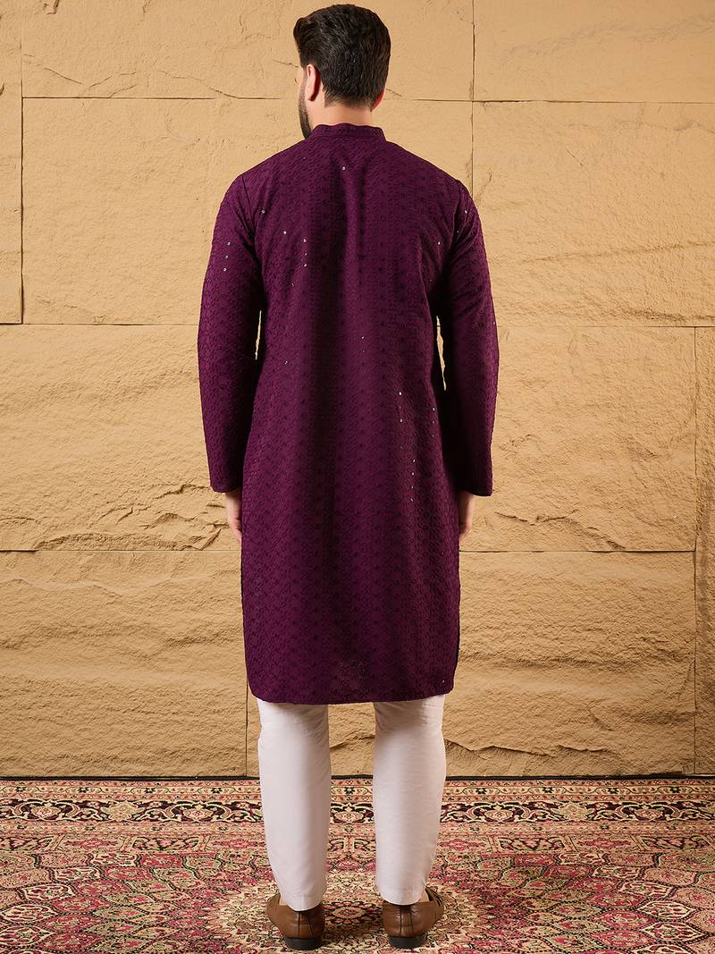 Men purple viscose rayon solid embroidered straight kurta