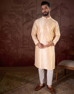 Men cream silk blend abstract printed straight kurta with trouser 5