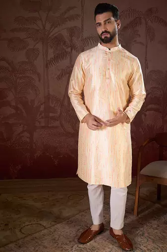 Men cream silk blend abstract printed straight kurta with trouser