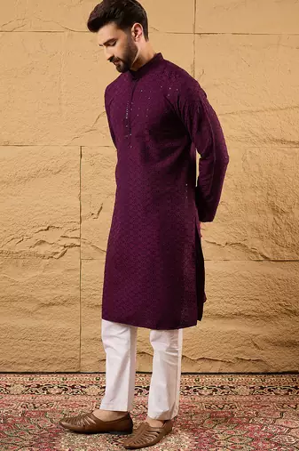 Men purple viscose rayon solid embroidered straight kurta