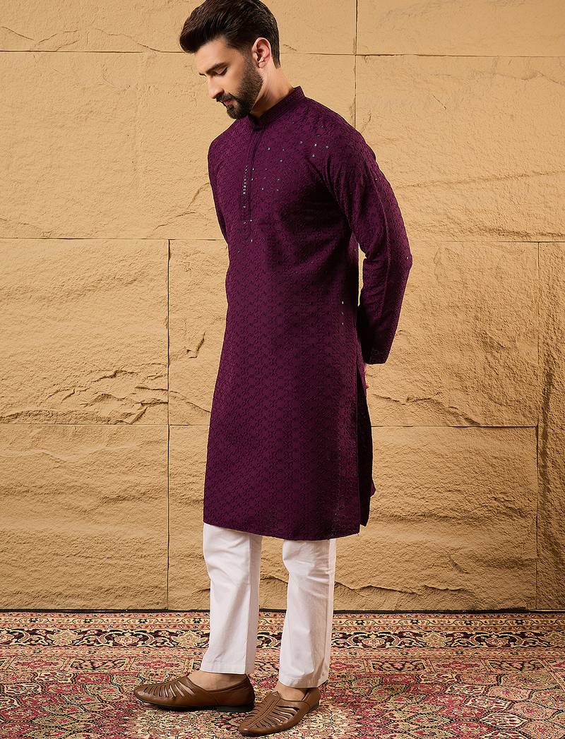 Men purple viscose rayon solid embroidered straight kurta