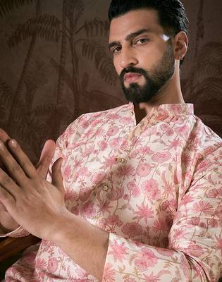 Men off white silk blend floral printed straight kurta with trouser 1