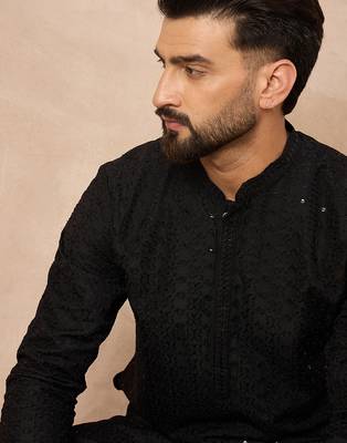 Men black viscose rayon solid embroidered straight kurta 2