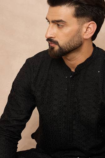 Men black viscose rayon solid embroidered straight kurta