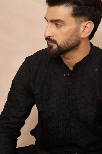 Men black viscose rayon solid embroidered straight kurta