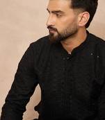 Men black viscose rayon solid embroidered straight kurta