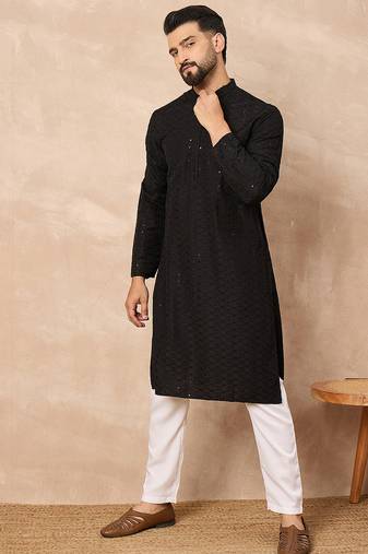 Men black viscose rayon solid embroidered straight kurta