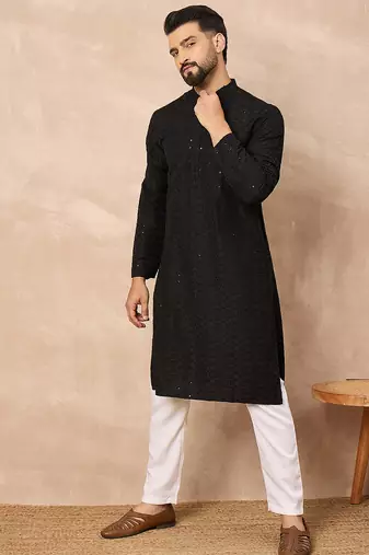 Men black viscose rayon solid embroidered straight kurta