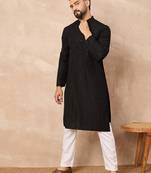 Men black viscose rayon solid embroidered straight kurta