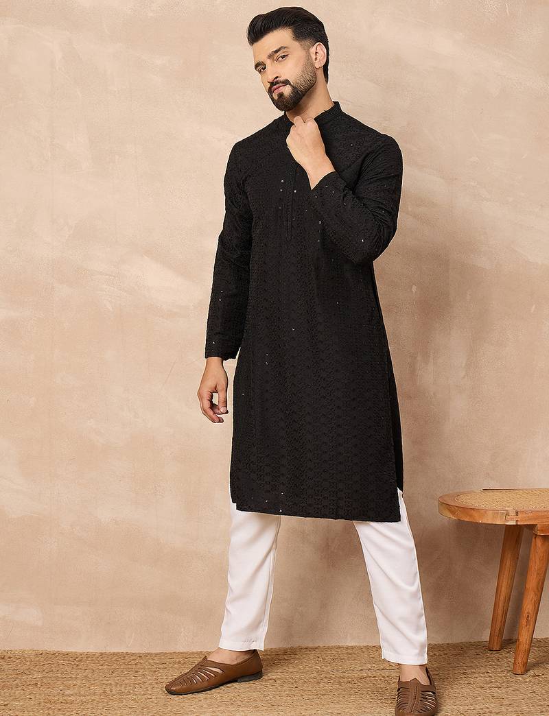 Men black viscose rayon solid embroidered straight kurta