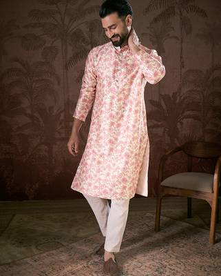 Men off white silk blend floral printed straight kurta with trouser 3