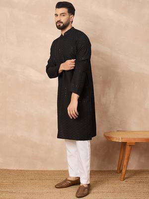 Men black viscose rayon solid embroidered straight kurta 3