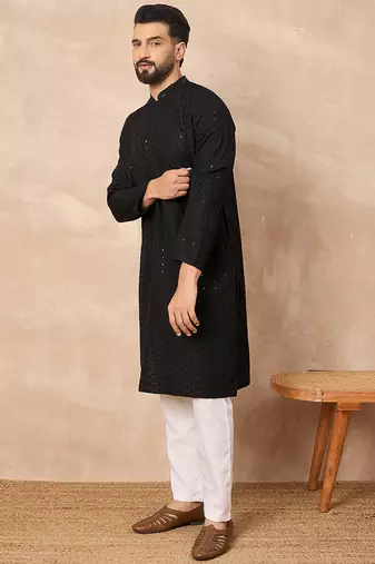 Men black viscose rayon solid embroidered straight kurta