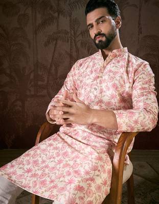 Men off white silk blend floral printed straight kurta with trouser 5