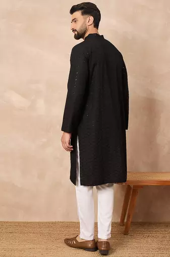 Men black viscose rayon solid embroidered straight kurta