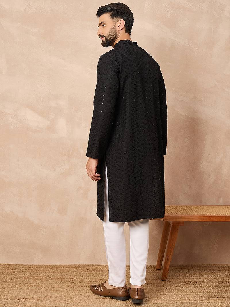 Men black viscose rayon solid embroidered straight kurta