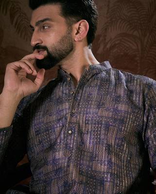 Men violet silk blend abstract printed straight kurta with trouser 1