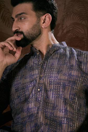 Men violet silk blend abstract printed straight kurta with trouser