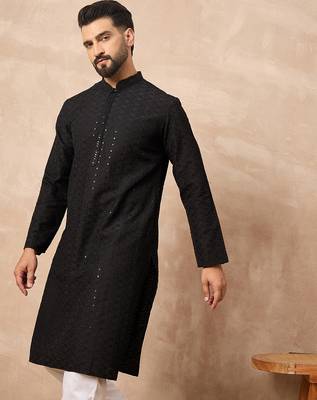 Men black viscose rayon solid embroidered straight kurta 5
