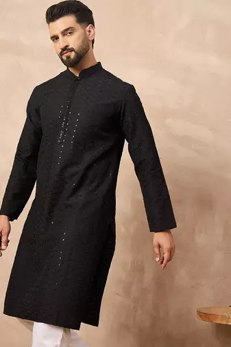 Men black viscose rayon solid embroidered straight kurta