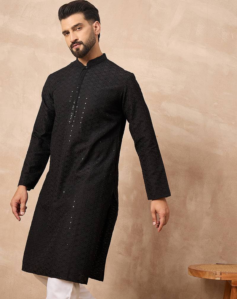 Men black viscose rayon solid embroidered straight kurta
