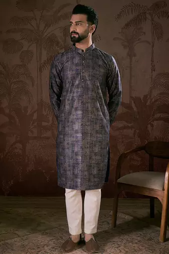Men violet silk blend abstract printed straight kurta with trouser