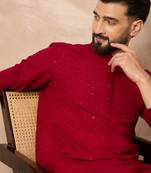 Men maroon viscose rayon solid embroidered straight kurta