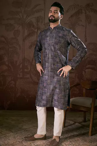 Men violet silk blend abstract printed straight kurta with trouser