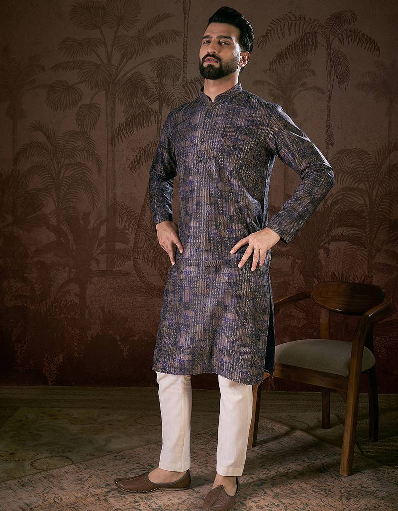 Men violet silk blend abstract printed straight kurta with trouser
