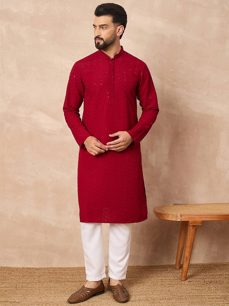 Men maroon viscose rayon solid embroidered straight kurta