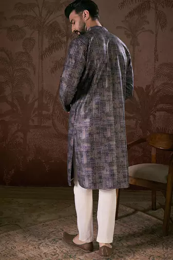 Men violet silk blend abstract printed straight kurta with trouser