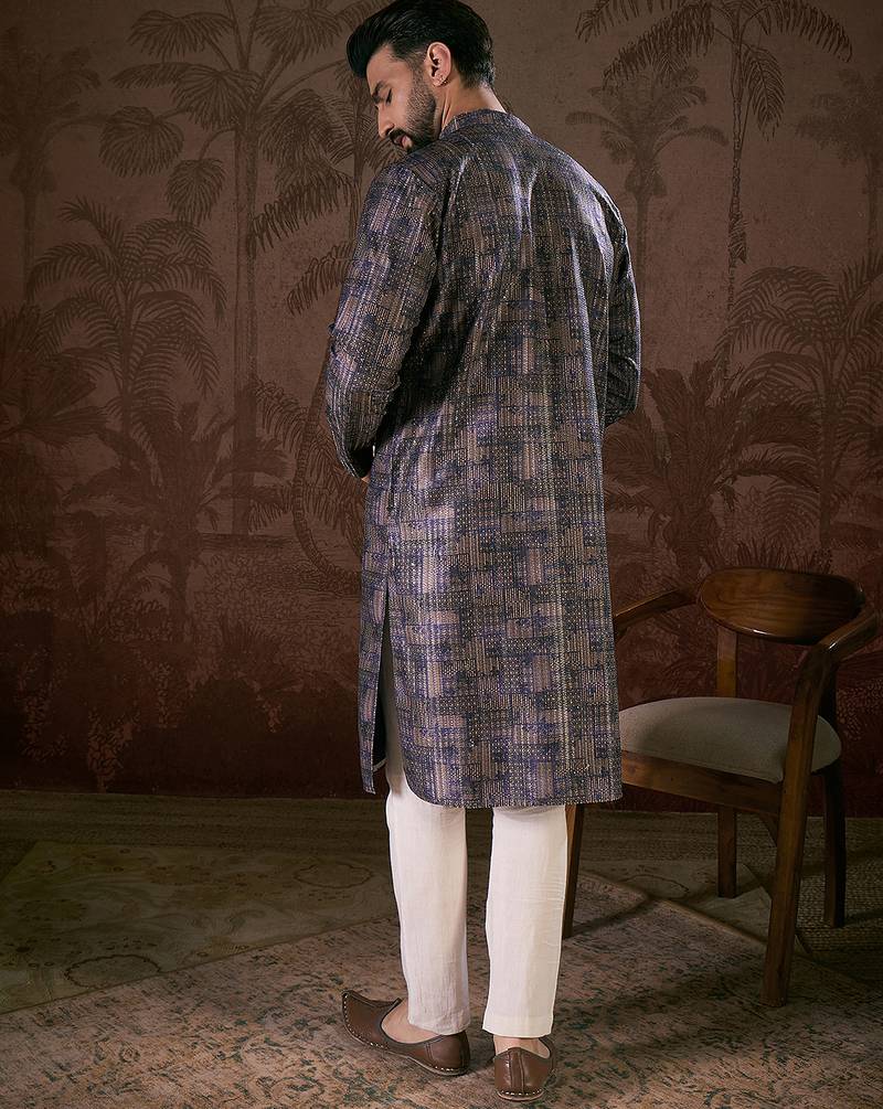 Men violet silk blend abstract printed straight kurta with trouser