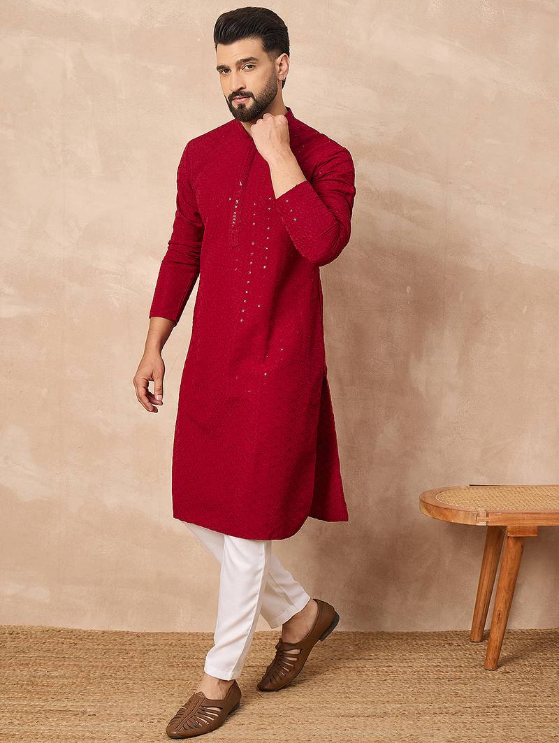 Men maroon viscose rayon solid embroidered straight kurta