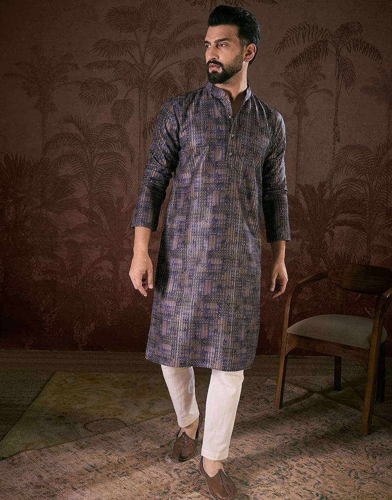 Men violet silk blend abstract printed straight kurta with trouser