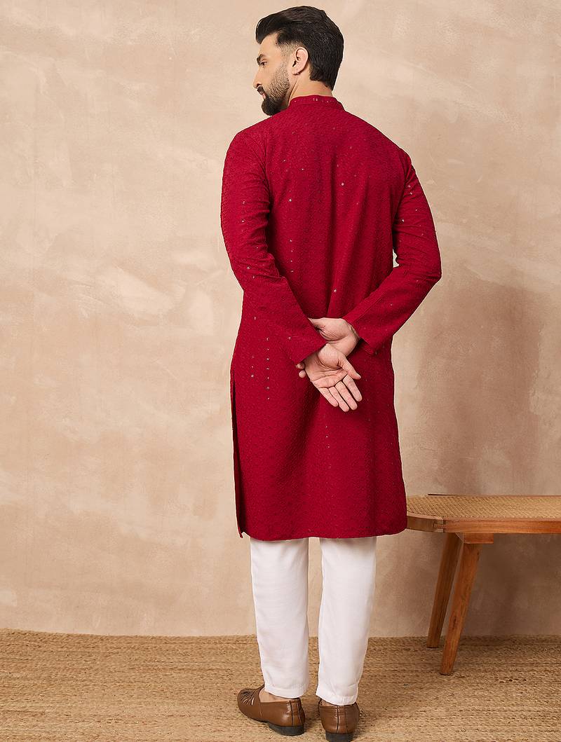 Men maroon viscose rayon solid embroidered straight kurta