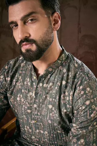 Men olive silk blend floral printed straight kurta with trouser