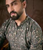 Men olive silk blend floral printed straight kurta with trouser
