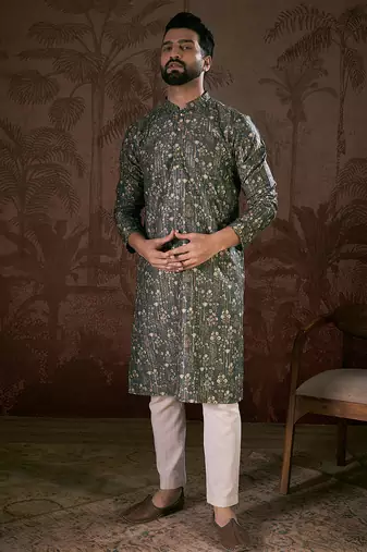 Men olive silk blend floral printed straight kurta with trouser