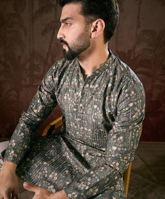Men olive silk blend floral printed straight kurta with trouser 3