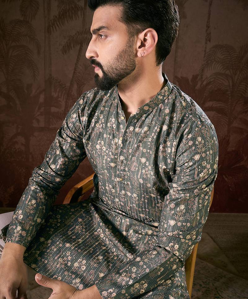 Men olive silk blend floral printed straight kurta with trouser